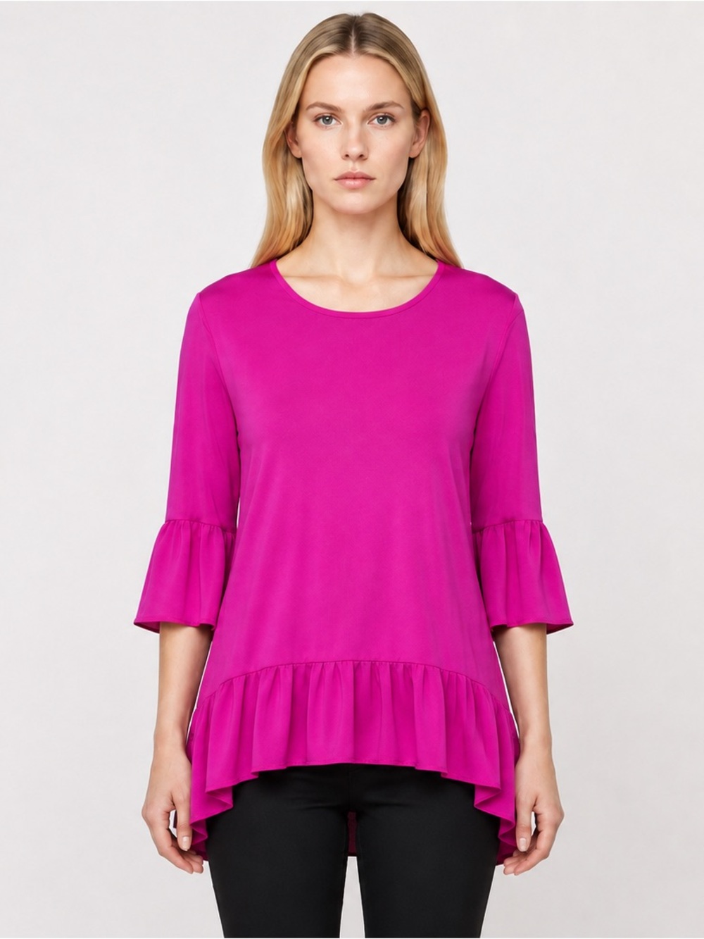 Gibson Asymmetrical Ruffle Hem, Bell Sleeve Blouse, Hot Pink, Size Small